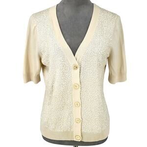 Talbots Sweater Petites MP PM Ivory Cardigan Sequins Buttons V neck Neutral